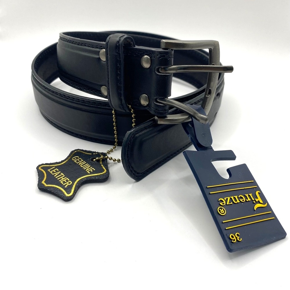Firenze Black Leather Belt Men 36 Black Double Prong Brushed Silver Buckle NWT